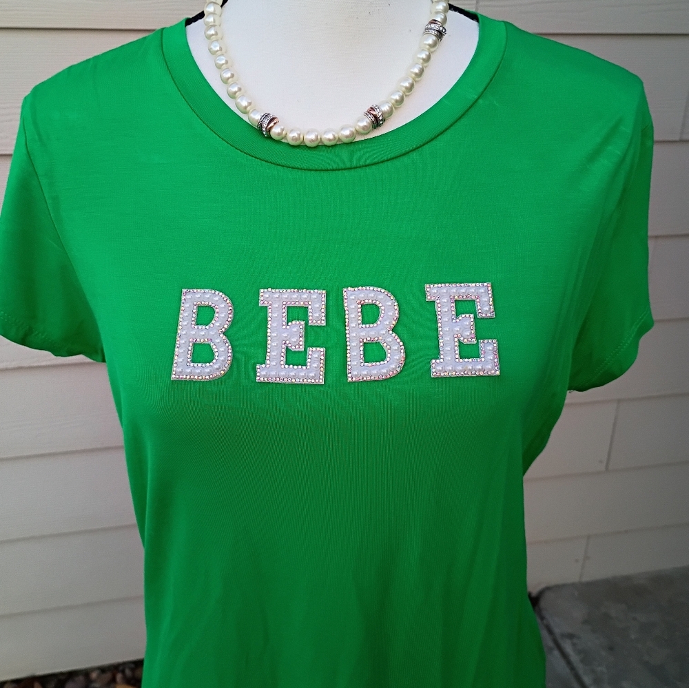 Bebe Kelly Green Faux Pearl & Holographic Rhinestone Logo Top